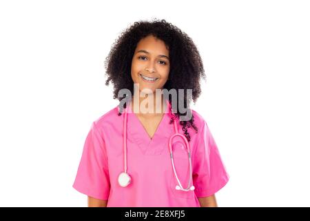 Adorable petit médecin avec uniforme rose isolé sur un blanc arrière-plan Banque D'Images