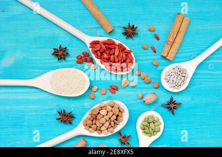 Concept de table avec condiments aromatiques colorés graines et fruits en cuillères en bois, sur fond bleu, plat, table supérieure Banque D'Images