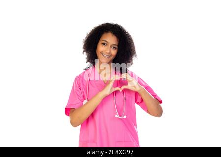 Adorable petit médecin avec uniforme rose isolé sur un blanc arrière-plan Banque D'Images