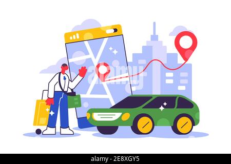 Commande en ligne d'une voiture de taxi, location et partage à l'aide du service mobile Illustration de Vecteur