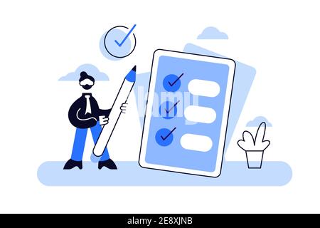 Illustration vectorielle de tâche effectuée. Concept de vérification minuscule à plat des personnes de la liste des tâches. Symbolique positive Illustration de Vecteur