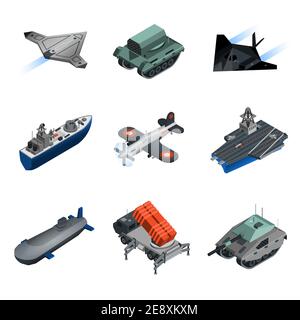 Icônes isométriques d'équipement militaire avec char d'avion de chasse sous-marin illustration vectorielle isolée Illustration de Vecteur