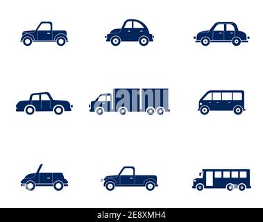 Jeu de wagons plats. Taxi et minibus, cabriolet et prise en charge. Icônes de voiture définies. Illustration de Vecteur