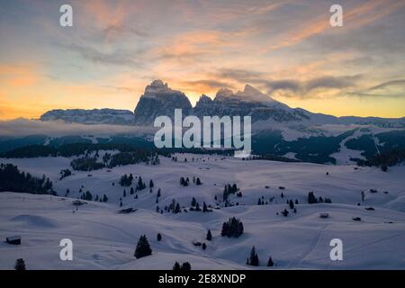 Lever de soleil sur l'Alm de Seiser recouvert de neige en hiver avec Sassopiatto et Sassolungo en arrière-plan, Dolomites, Tyrol du Sud, Italie Banque D'Images