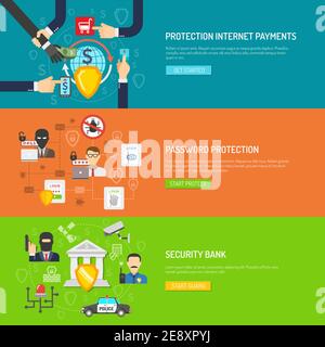 La protection contre les programmes malveillants et les pirates informatiques des banques Internet internationales protège le système à plat bannières horizontales ensemble abstrait vecteur isolé illustration Illustration de Vecteur