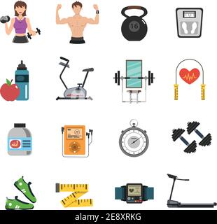 Outils de gym et de nutrition de forme physique Icon Flat Set vecteur isolé illustration Illustration de Vecteur