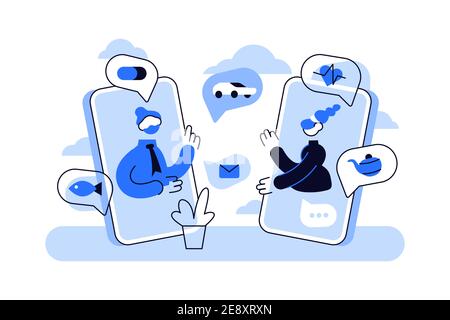 Un couple de personnes âgées de la famille communique avec l'homme et la femme en utilisant la communication intelligente téléphone Illustration de Vecteur
