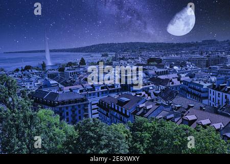 Ciel étoilé avec pleine lune la nuit au-dessus du paysage urbain de Genève, français-suisse en Suisse. Vue aérienne de la fontaine Jet d'eau, du lac Léman, de la baie et Banque D'Images