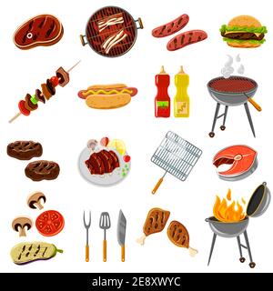 Icônes du barbecue et du grill avec viande et steak de poisson et outils illustration vectorielle isolée Illustration de Vecteur