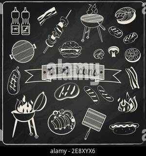 Tableau de craie pour barbecue et barbecue éléments décoratifs ensemble isolé illustration vectorielle Illustration de Vecteur