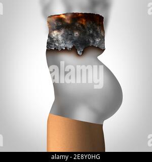 Grossesse et tabagisme grossesse prénatale risque pour la santé comme une cigarette avec les cendres façonnées comme une future mère enceinte ou un parent comme une fumée dangereuse. Banque D'Images