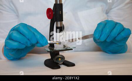 Microscope et mains en laboratoire bleu porter des gants 2021 Banque D'Images