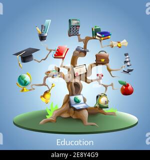 Concept d'arbre d'éducation et d'étude avec ordinateur portable et certificat de remise des diplômes sur l'illustration vectorielle de dessin animé d'arrière-plan bleu Illustration de Vecteur