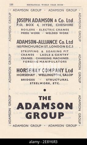 Publicité vintage pour Joseph Adamson & Co. Ltd. / Adamson-Alliance Co. Ltd. / Horsehay Company Ltd Banque D'Images