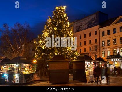 Décorations de vacances de la place Hviezdoslav (Hviezdoslavovo namestie) à Bratislava. Slovaquie Banque D'Images