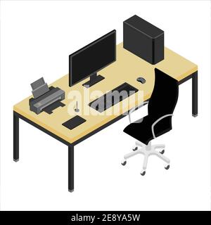 Lieu de travail Bureau et chaise de bureau. Ordinateur personnel sur le bureau de l'office. Nouvel employé, un collègue de travail à l'équipe Illustration de Vecteur