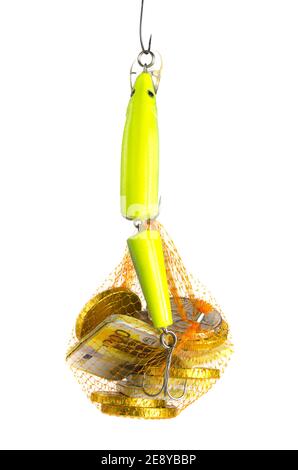poisson artificiel jaune (appât) avec un filet orange contenant des pièces de monnaie en chocolat et de l'argent en papier. Phising, pêche pour l'argent, voler l'argent concept ou ide Banque D'Images
