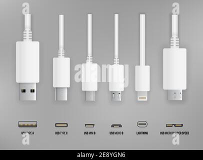 Fiches USB de type A, B et C, mini, micro, Lightning, connecteurs de câble blanc pour ordinateur universel, illustration vectorielle Illustration de Vecteur