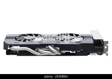carte vidéo avec conduits de chaleur et deux ventilateurs pour refroidir l'accélérateur de jeu pour les jeux vidéo et les fps élevés, dispositif technique de pièces d'ordinateur pour la mise à niveau Banque D'Images