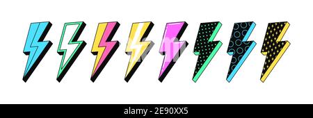 Signes isolés de boulon d'éclair. 2 e jeu de flash coup de tonnerre avec texture pour la culture rétro de zine et le design futuriste fou. Tension électrique, énergie Illustration de Vecteur