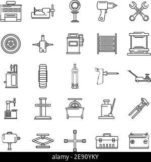 Jeu d'icônes d'outil de montage de pneu, style de contour Illustration de Vecteur