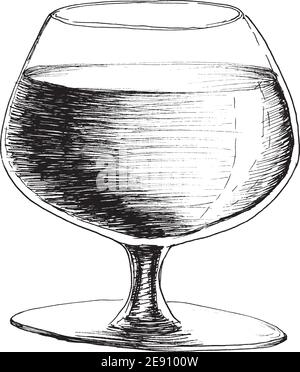 Illustration vectorielle monochrome de style esquisse dessinée à la main représentant un verre de vin brandy ou whisky isolé sur fond blanc. Illustration de Vecteur