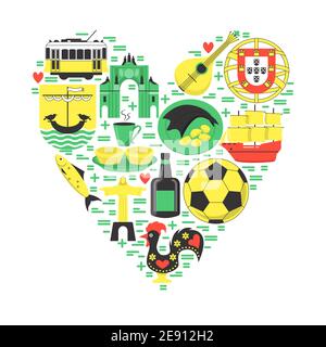 Concept Travel Portugal avec icônes dans un style plat. Symboles traditionnels avec culture nationale, cuisine et attractions. Bannière ou modèle d'affiche wi Illustration de Vecteur