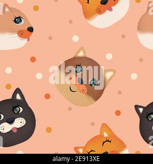 Coloré mignon visages de chat drôle . Joli motif sans coutures avec joli visage de chat. Illustration vectorielle 3D. Illustration de Vecteur