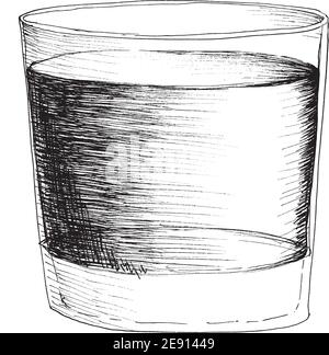 Illustration vectorielle monochrome dessinée à la main de lunettes de vin de whisky ou de vodka isolées sur fond blanc. Illustration de Vecteur