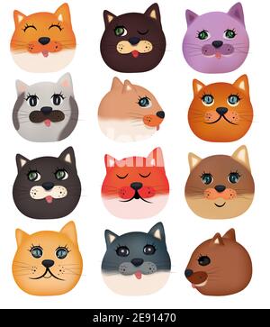 Collection de jolis visages de chat sur fond blanc. Visages de chats domestiques colorés. Icône vecteur. Illustration de Vecteur