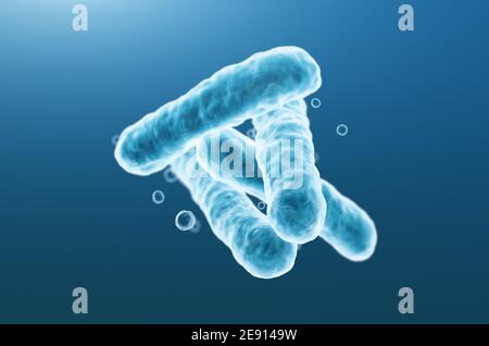 Gros plan sur le rendu 3d des bactéries bleues microscopiques. Banque D'Images