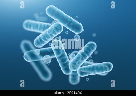 Gros plan sur le rendu 3d des bactéries bleues microscopiques. Banque D'Images