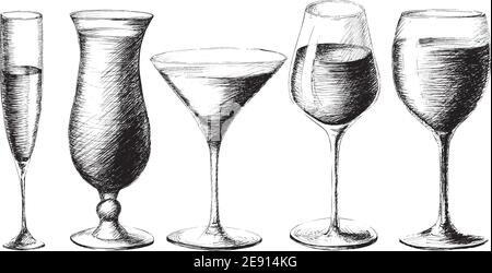 Illustration vectorielle monochrome de style esquisse de verres à vin dessinés à la main isolés sur fond blanc. Cocktail, vin, champagne, verres de martini Illustration de Vecteur