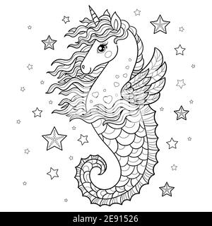 Hippocampe Magic unicorn. Image en noir et blanc. Mise en plan linéaire. Vecteur Illustration de Vecteur