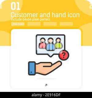 Icône client avec signe de point d'interrogation avec style de couleur de contour isolé sur fond blanc. Illustration vectorielle, icône client et aide, infos, requête Illustration de Vecteur