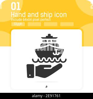 icône de bateau avec signe vectoriel de la main avec style plat isolé sur fond blanc. Illustration vectorielle navire icône symbole symbole icône concept pour Web, ui, ux Illustration de Vecteur