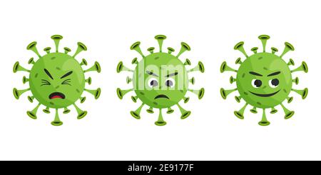 Émotions du personnage du coronavirus. Jeu d'illustrations de vecteur de virus covid vert. Illustration de Vecteur