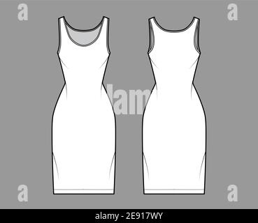 Débardeur robe technique mode illustration avec décolleté rond, bretelles, longueur genou, corps ajusté, Pencil plénitude. Modèle de vêtement plat à l'avant, à l'arrière, de couleur blanche. Femmes, hommes, maquette de CAD unisex Illustration de Vecteur