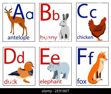 Flashcards pour enfants avec des lettres et des images d'animaux pour apprendre l'alphabet anglais. Illustration de Vecteur