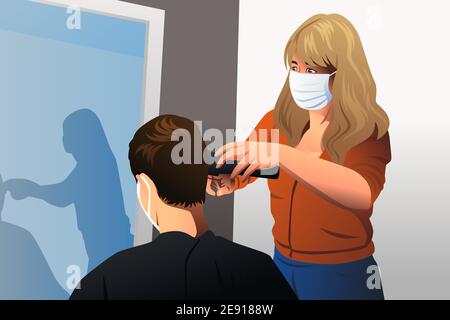 Illustration vectorielle de coiffeur coupant des cheveux portant un masque pendant Pandémie Illustration de Vecteur
