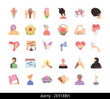 femmes fête internationale femme fleur coeur drapeau icônes de calendrier illustration vectorielle Illustration de Vecteur