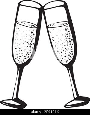 Dessin à l'encre noire de l'esquisse à motif de caniche vectoriel dessiné à la main champagne verres couple amour anniversaire saint valentin fête boisson hourra activé Illustration de Vecteur