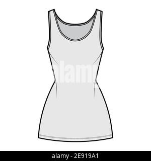 Débardeur robe technique mode illustration avec décolleté rond, bretelles, longueur mini, corps ajusté, Pencil plénitude. Modèle de vêtement plat sur le devant, couleur grise. Femmes, hommes, maquette de CAD unisex Illustration de Vecteur