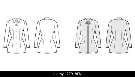 Chemise robe technique mode illustration avec col classique, longueur mini, corps ajusté, Pencil plénitude, bouton vers le haut. Modèle de vêtement plat à l'avant, à l'arrière, blanc, de couleur grise. Femmes hommes maquette CAD Illustration de Vecteur