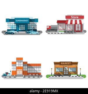 Les magasins et boutiques de décoration de supermarché télévision bâtiments isolés icons set vector illustration Illustration de Vecteur