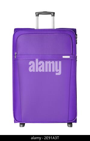 Valise de voyage en tissu violet avec fermeture à glissière, poignée, fond blanc verrouillable, vue rapprochée avant isolée, grande valise à bagages bleue, grand sac à bagages Banque D'Images