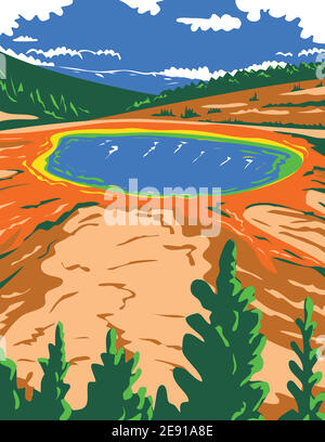 Affiche WPA du Grand Prismatic Spring dans le parc national de Yellowstone dans le comté de Teton, Wyoming, États-Unis d'Amérique en travaux administrateur de projet Illustration de Vecteur