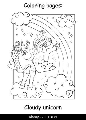 Une jolie licorne avec des ailes volantes dans le ciel. Page de livre de coloriage pour les enfants. Illustration de dessin animé vectoriel isolée sur fond blanc. Pour colorier Illustration de Vecteur