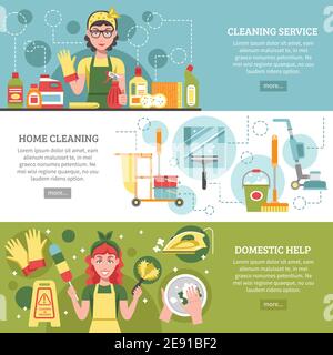 Trois bannières différentes sur le thème du service de nettoyage avec des titres comme illustration du vecteur de nettoyage domestique et d'aide domestique Illustration de Vecteur