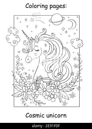 Beauté cosmique tête de licorne avec des étoiles et des fleurs. Page de livre de coloriage pour les enfants. Illustration de dessin animé vectoriel isolée sur fond blanc. Pour colo Illustration de Vecteur